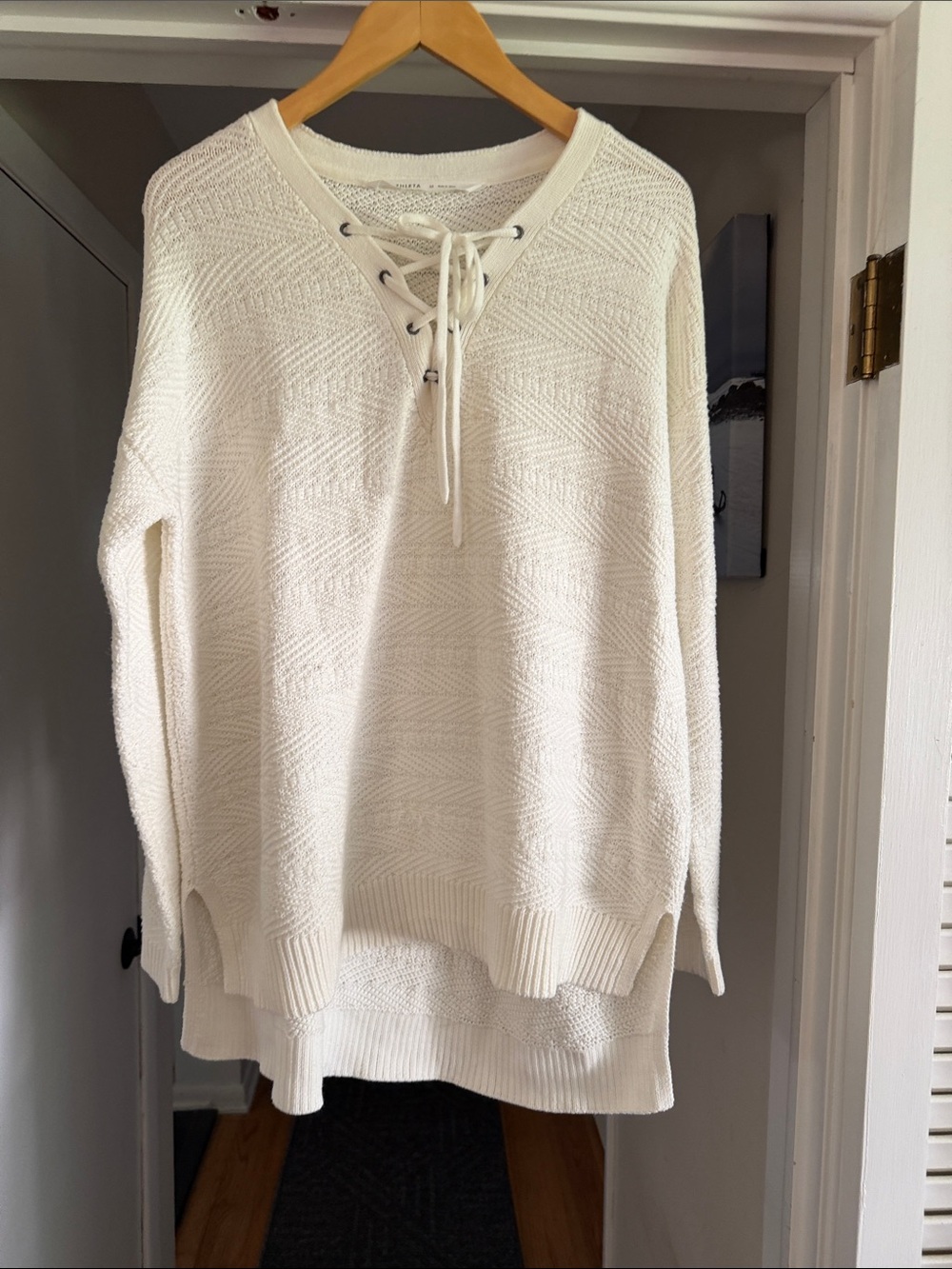 Athleta Cream Lace-Up Scoop Sweater